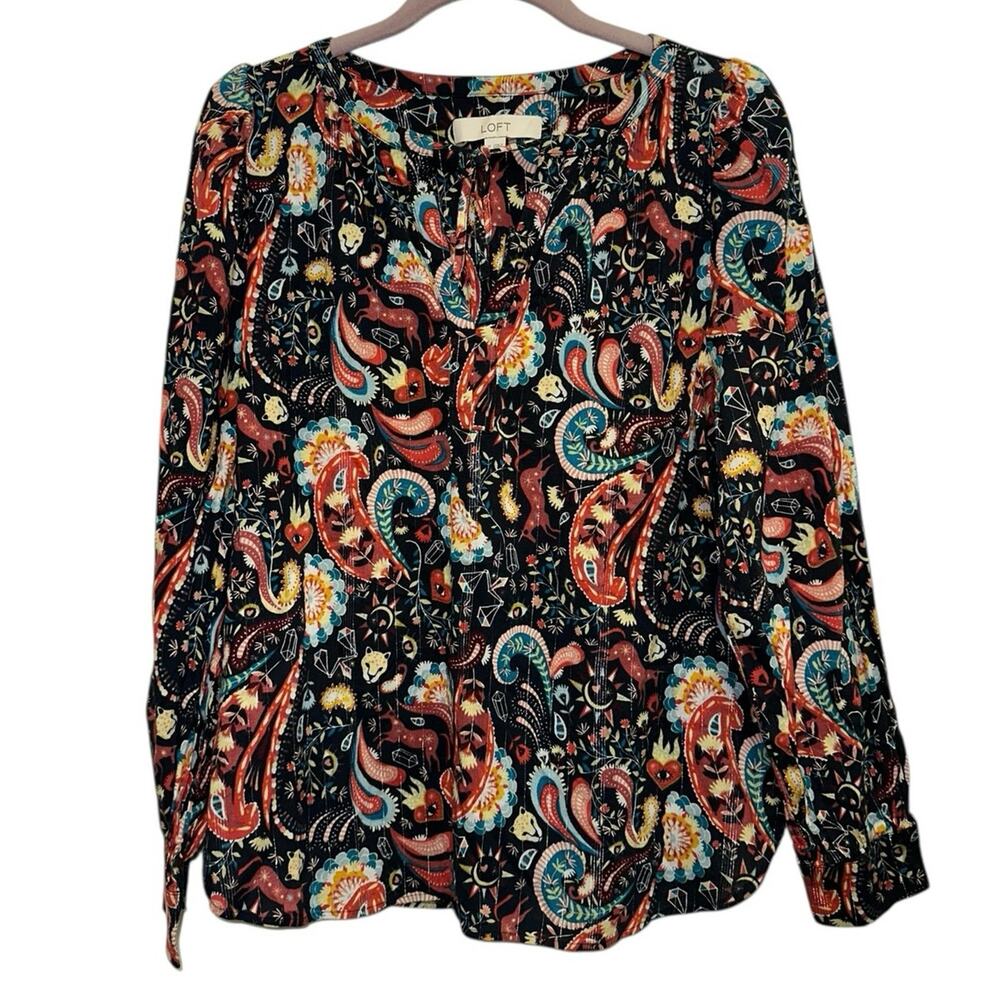 LOFT Paisley‎ Boho Peasant Blouse Medium Black Floral Long Sleeve Button Front